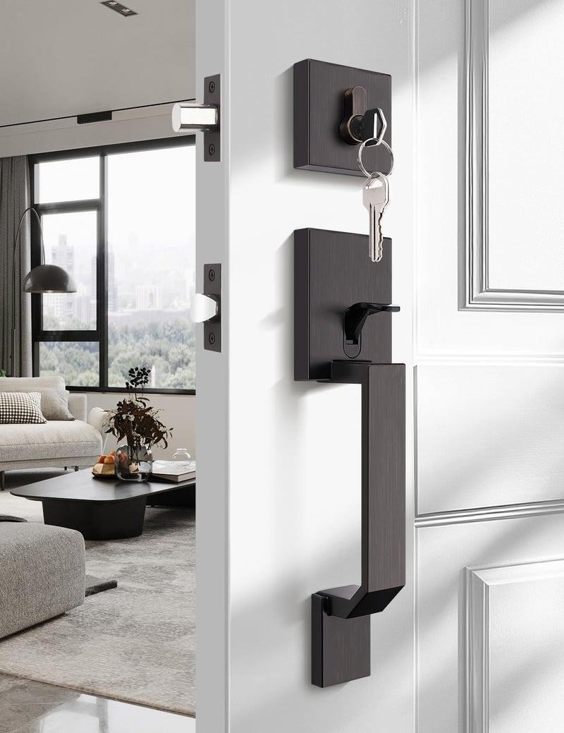 Tinewa Oil Rubbed Bronze Square Front Door Handle with Classic Door Lever and Single Cylinder Deadbolt, Upgrated Exterior Entry Door Lock, Reversible for Left & Right Handed 1 Pack - Image 2